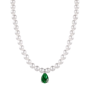 S925纯银绿色梨形水滴锆石白贝珠小众设计时尚优雅大气芭比珍珠项链梦幻芭比