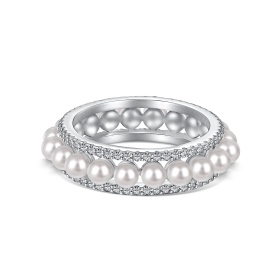 「雪境 Snow 系列」S925纯银白色圆锆白色珍珠贝珠满钻镶嵌简约气质时尚戒指