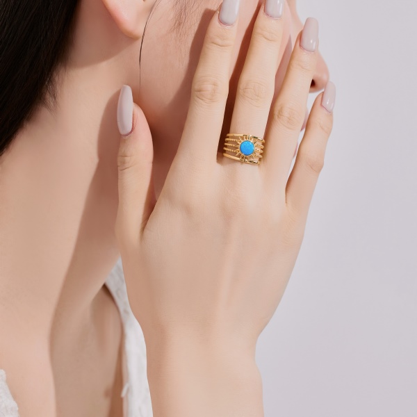 「澳宝 Opal Collection 系列 」银S925蓝色圆形合成澳宝石太阳设计多层镂空圆珠设计小众时尚简约开口戒指