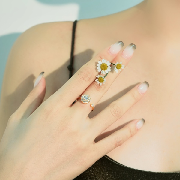 「解压戒-Anxiety Ring系列」S925纯银白色圆锆镶嵌花朵造型可转动可旋转解压小众简约精致时尚开口可调节戒指