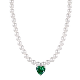 S925纯银绿色心形锆石白贝珠小众设计时尚优雅大气芭比珍珠项链梦幻芭比