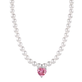 S925纯银粉色心形锆石白贝珠小众设计时尚优雅大气芭比珍珠项链梦幻芭比