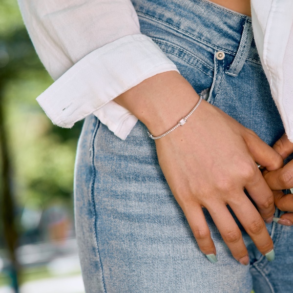 「印记 Imprint 系列」银S925白色长方形祖母绿切白色圆锆镶嵌小众时尚百搭手镯