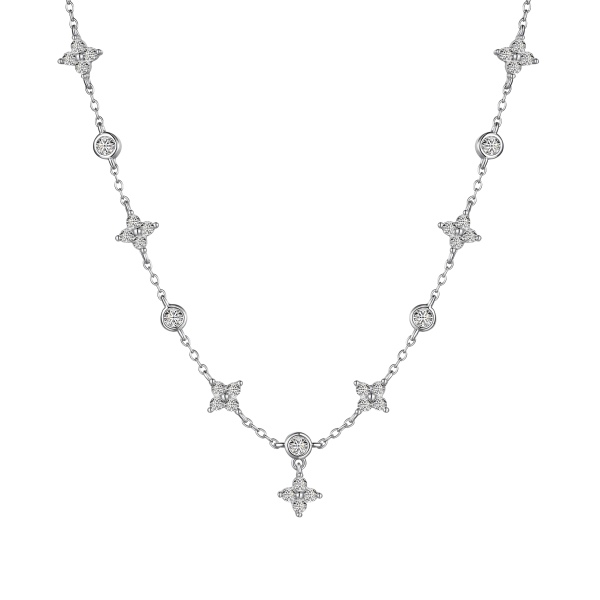 银S925白色圆锆镶嵌花朵四叶草设计简约时尚多吊坠百搭项链