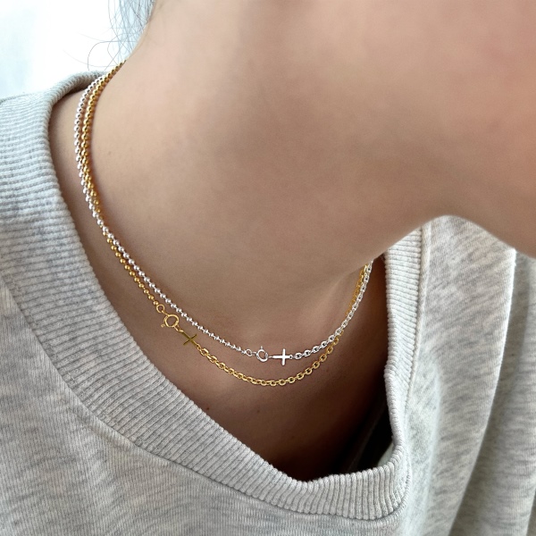 S925纯银项链女十字架吊坠项链珠子链互扣拼接锁骨链复古项链