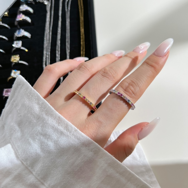 「鸡尾酒 Cocktail 系列」S925纯银彩色圆锆排列镶嵌满钻精致时尚戒指