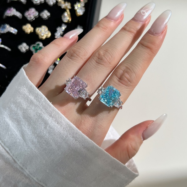 S925纯银白色粉色长方形锆石冰花切雷迪恩五边形多边形锆石镶嵌简约设计戒指