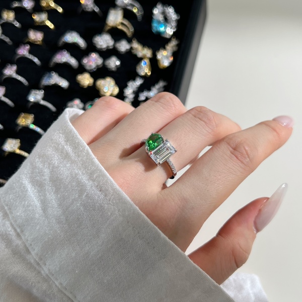 银S925绿色8A梨形水滴冰花切白色长方形圆形锆石镶嵌双主石设计简约时尚百搭戒指