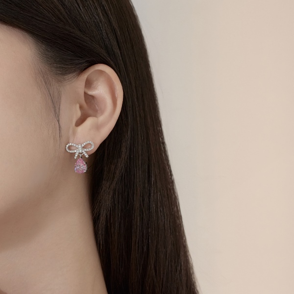 「星落 Starfall 系列」银S925粉色梨形水滴蝴蝶结设计小众精致时尚耳环
