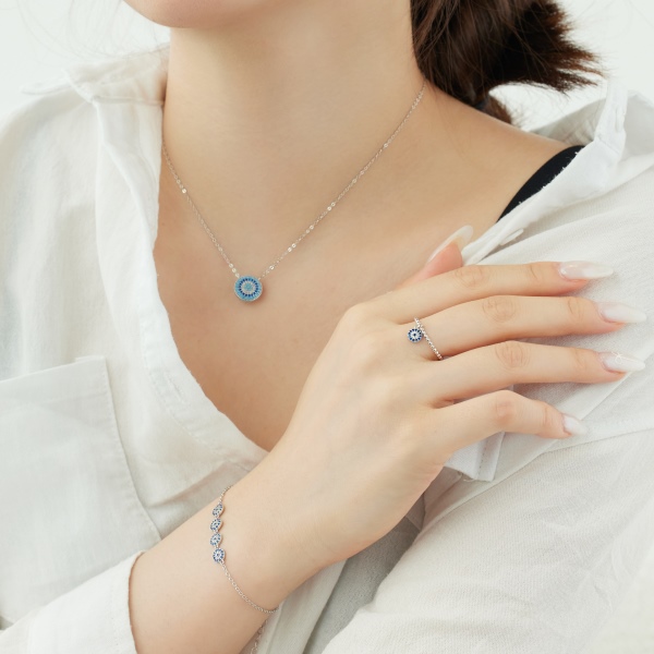 「恶魔之眼·Evil Eyes系列」银S925白色蓝色圆锆满钻镶嵌恶魔之眼圆形吊坠圆珠麻绳戒圈简约设计百搭戒指