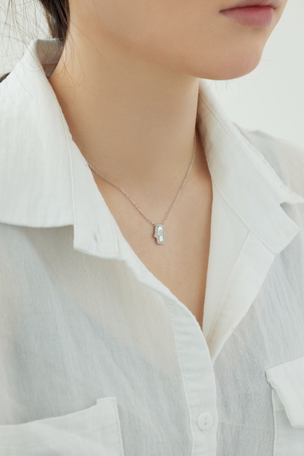 「恶魔之眼·Evil Eyes系列」银S925白色圆锆镶嵌恶魔之眼法老手掌小众时尚百搭设计项链