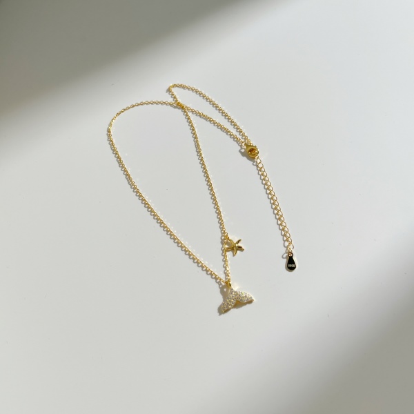 「夏日海洋 Summer Ocean 系列」银S925白色圆锆镶嵌鱼尾美人鱼光面海星吊坠校长时尚简约精致项链