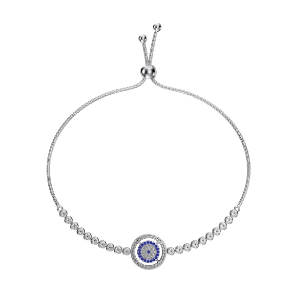 「恶魔之眼·Evil Eyes系列」银S925白色蓝色圆锆镶嵌圆形镂空恶魔之眼设计吊坠圆珠可调节长度设计简约时尚小众百搭手链