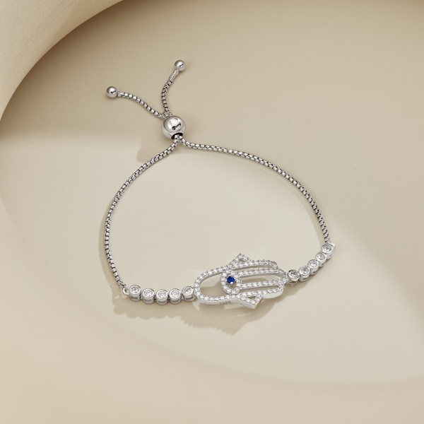 「恶魔之眼·Evil Eyes系列」银S925白色蓝色圆锆镶嵌恶魔之眼设计吊坠圆珠可调节长度设计简约时尚小众百搭手链