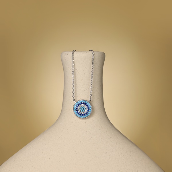 「恶魔之眼·Evil Eyes系列」银S925白色蓝色绿松石圆形镶嵌恶魔之眼吊坠小众时尚简约项链