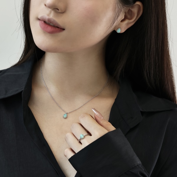 「沁心 Soothing 系列」银S925白彩色梨形水滴澳宝粘贴合成石项链戒指耳钉百搭时尚小众设计套装