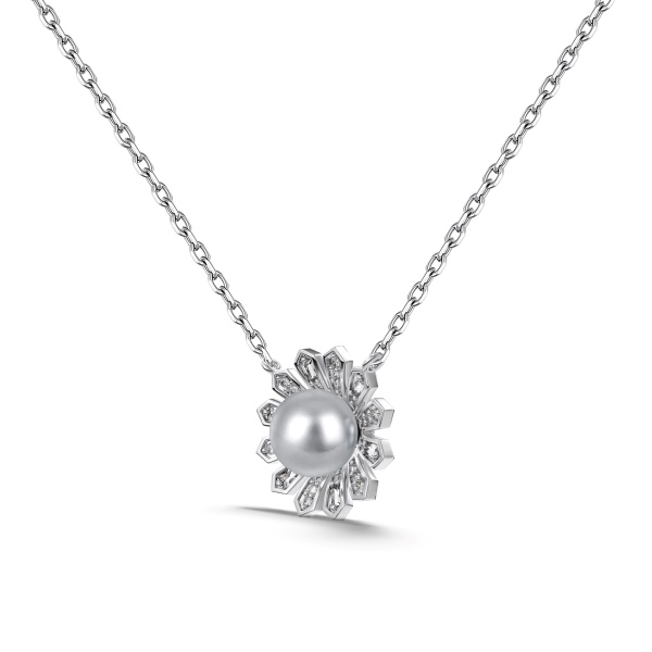 「沁心 Soothing 系列」银S925白色圆锆镶嵌灰色珍珠贝珠太阳花设计小众时尚百搭项链耳钉戒指套装