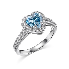 「生辰石 BIRTHSTONES 系列」欧美爆款S925纯银戒指海蓝色心形主石小圆锆环圆闪耀少女心甜美可爱风元气满满心形戒指