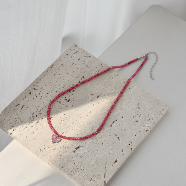 「彩串 Color string系列」银S925粉色D形正方形拼接心形吊坠玫红色几何锆石链条串珠项链