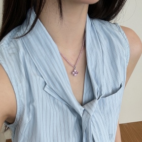 「彩串 Color string系列」银S925白色圆锆镶嵌四叶草镂空设计灰色合成水晶串珠项链
