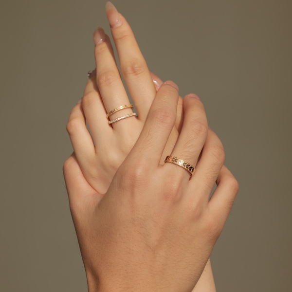 「遇 Meet 系列」银S925光面宽面花纹细戒情侣男款套戒时尚百搭戒指