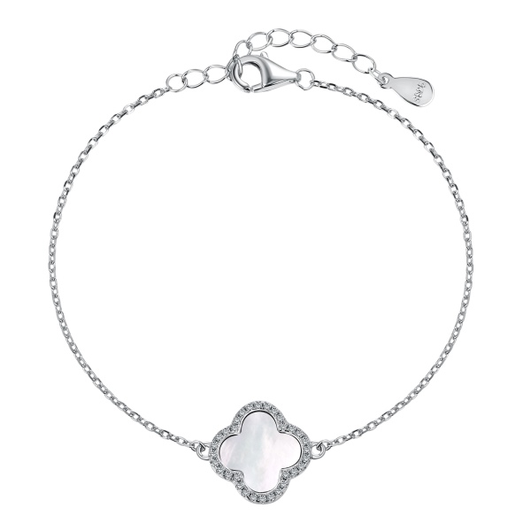 S925纯银黑玛瑙白色圆锆镶嵌四叶草造型小众时尚百搭手链