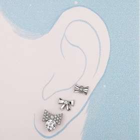 S925纯银简约精致圆形蝴蝶结造型微镶设计高级感套装耳钉耳骨钉