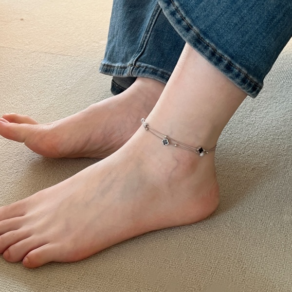 银S925黑色滴胶四叶草波光小圆球圆珠链时尚小众百搭脚链