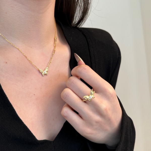 S925纯银拉丝梦幻蝴蝶马眼石冷淡风戒指