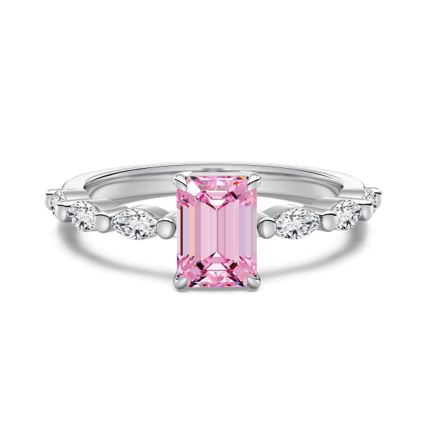 跨境爆款S925纯银闪耀倾城四爪镶嵌方形祖母绿切粉色主石戒指女时尚百搭不掉色马眼石小排钻婚戒