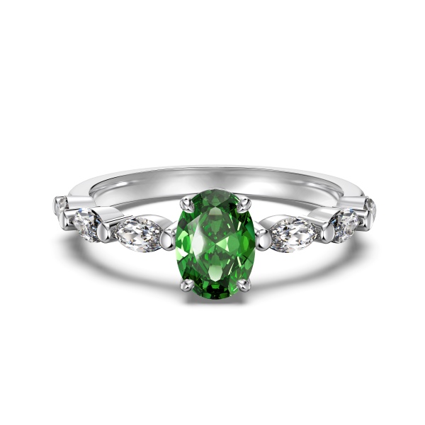 欧美爆款S925纯银新款绿色鸽子蛋莫桑石钻戒马眼石小排钻时尚个性精致小巧订婚戒指