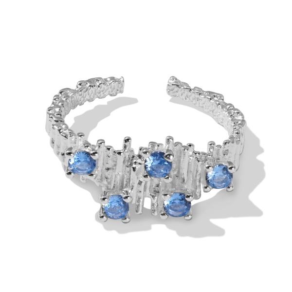 S925纯银不规则褶皱海蓝锆石肌理纹理开口戒指