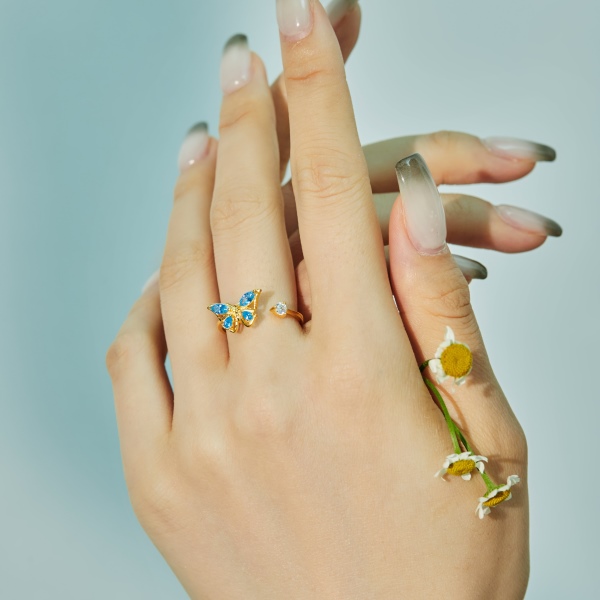 「解压戒-Anxiety Ring系列」S925纯银蓝色马眼石梨形水滴白色圆锆镶嵌蝴蝶设计可转动可旋转解压精致时尚小众开口可调节戒指