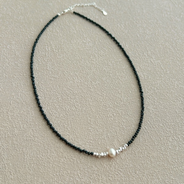 S925纯银不规则碎银子黑水晶简约小众设计百搭项链