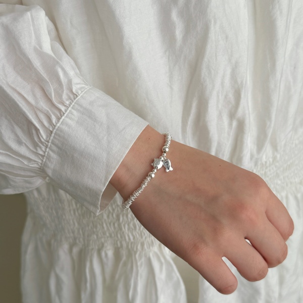 S925纯银小猫吃字母鱼串珠圆圈简约百搭手链