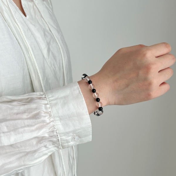 S925纯银纯净体白水晶黑玛瑙手串弹力绳手链