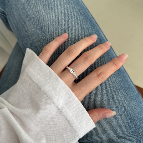 S925纯银锡纸褶皱肌理感银开口可调节戒指