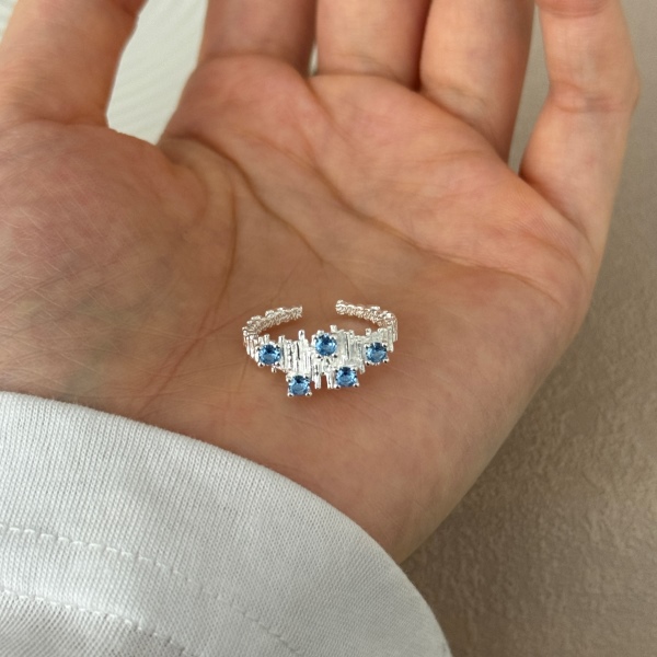 S925纯银不规则褶皱海蓝锆石肌理纹理开口戒指