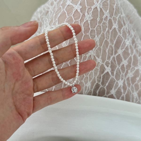 银S925白色圆锆镶嵌珍珠贝珠链简约时尚优雅项链