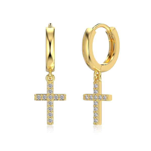 S925纯银满圈镶钻光面十字架耳环