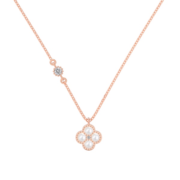 银S925白色贝珠白色圆锆镶嵌四叶草设计造型项链