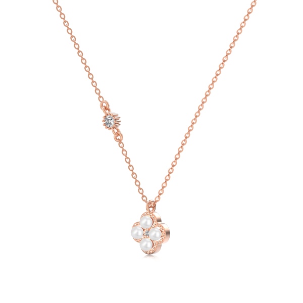 银S925白色贝珠白色圆锆镶嵌四叶草设计造型项链