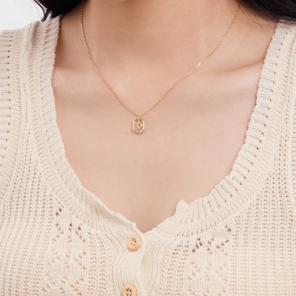 银S925白色圆锆镶嵌满钻字母光面12MM方框吊坠时尚项链