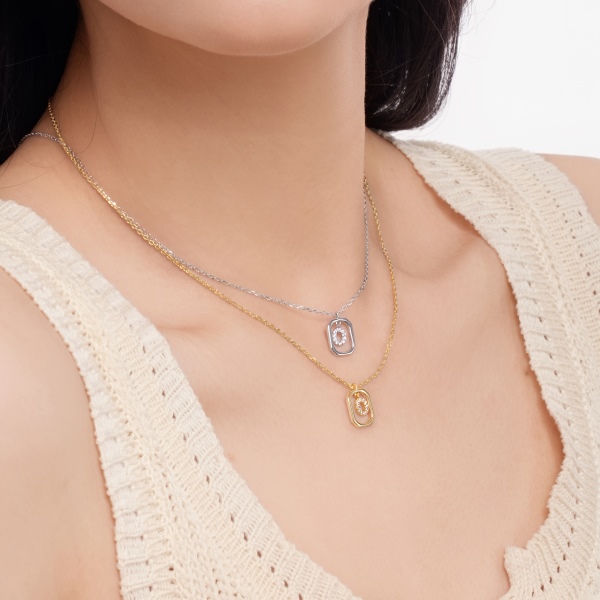 银S925白色圆锆镶嵌满钻字母光面12MM方框吊坠时尚项链