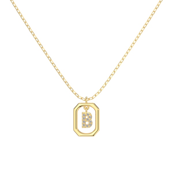 银S925白色圆锆镶嵌满钻字母光面12MM方框吊坠时尚项链