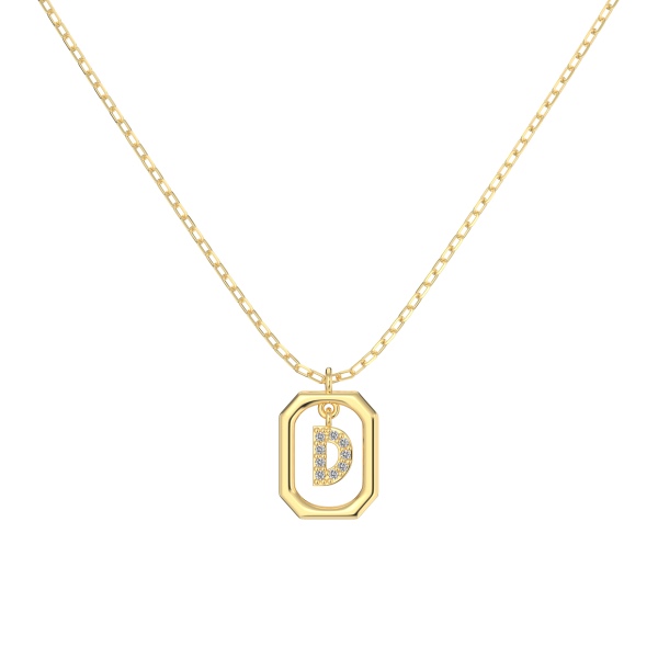 银S925白色圆锆镶嵌满钻字母光面12MM方框吊坠时尚项链