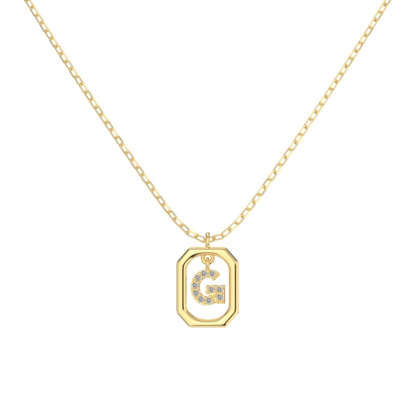 银S925白色圆锆镶嵌满钻字母光面12MM方框吊坠时尚项链