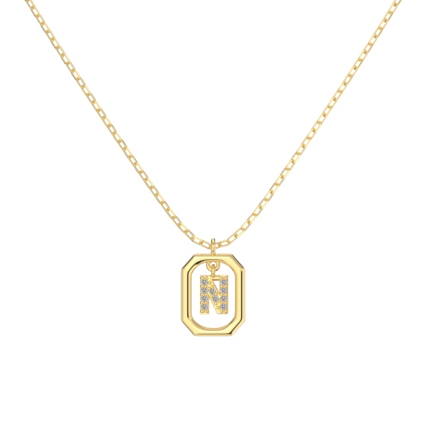 银S925白色圆锆镶嵌满钻字母光面12MM方框吊坠时尚项链