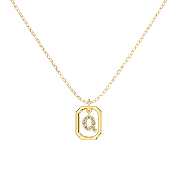 银S925白色圆锆镶嵌满钻字母光面12MM方框吊坠时尚项链