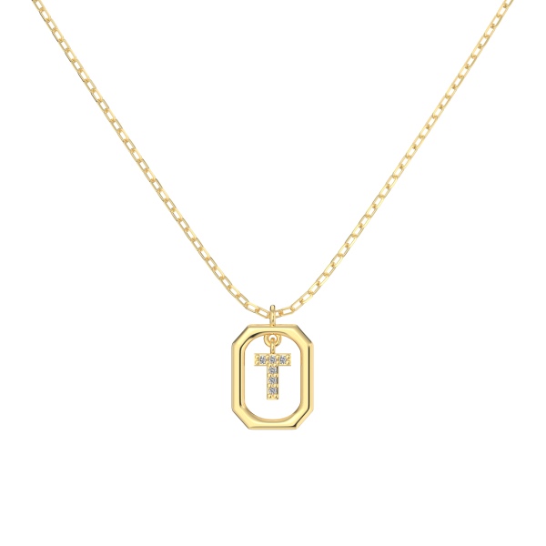 银S925白色圆锆镶嵌满钻字母光面12MM方框吊坠时尚项链